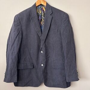 Robert Graham Jacket Mens 40 Navy Blue Linen Blazer Pinstripe Paisley Lining